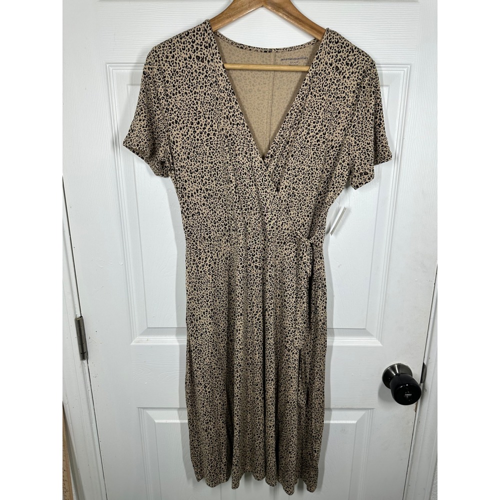 Amazon‎ Essentials Dress Womens S Tan Leopard Wrap Midi Short Sleeve AE19310734